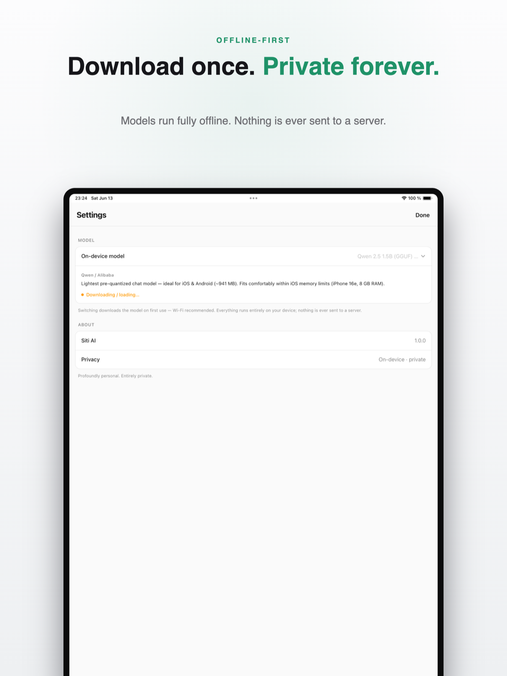 Siti AI on-device model settings on iPad