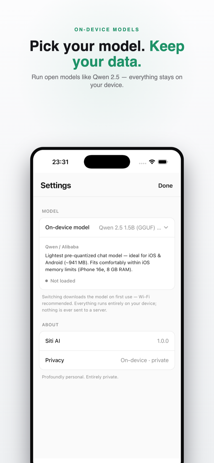 Siti AI on-device model settings on iPhone